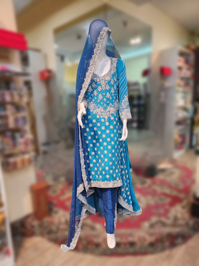 Turquoise & Golden Bridal Mehndi Dress - Image 8