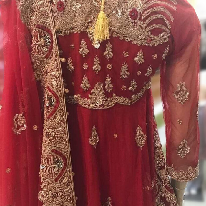 Deep Red Embellished Bridal Frock - Image 2