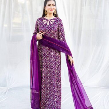Royal Purple Embroidered Long Kameez with Chiffon Dupatta