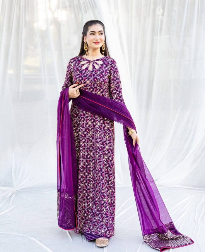 Royal Purple Embroidered Long Kameez with Chiffon Dupatta